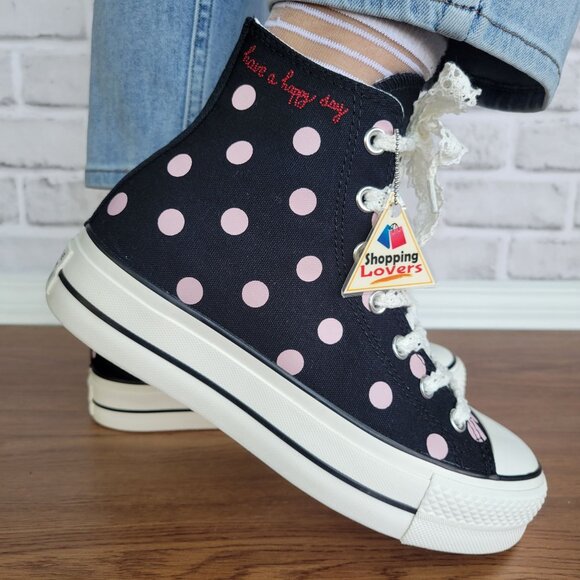 ⭐Converse Lift Platform Polka Dot Hi Canvas 8 Womens Sneakers Black Pink A10688C - Picture 2 of 12